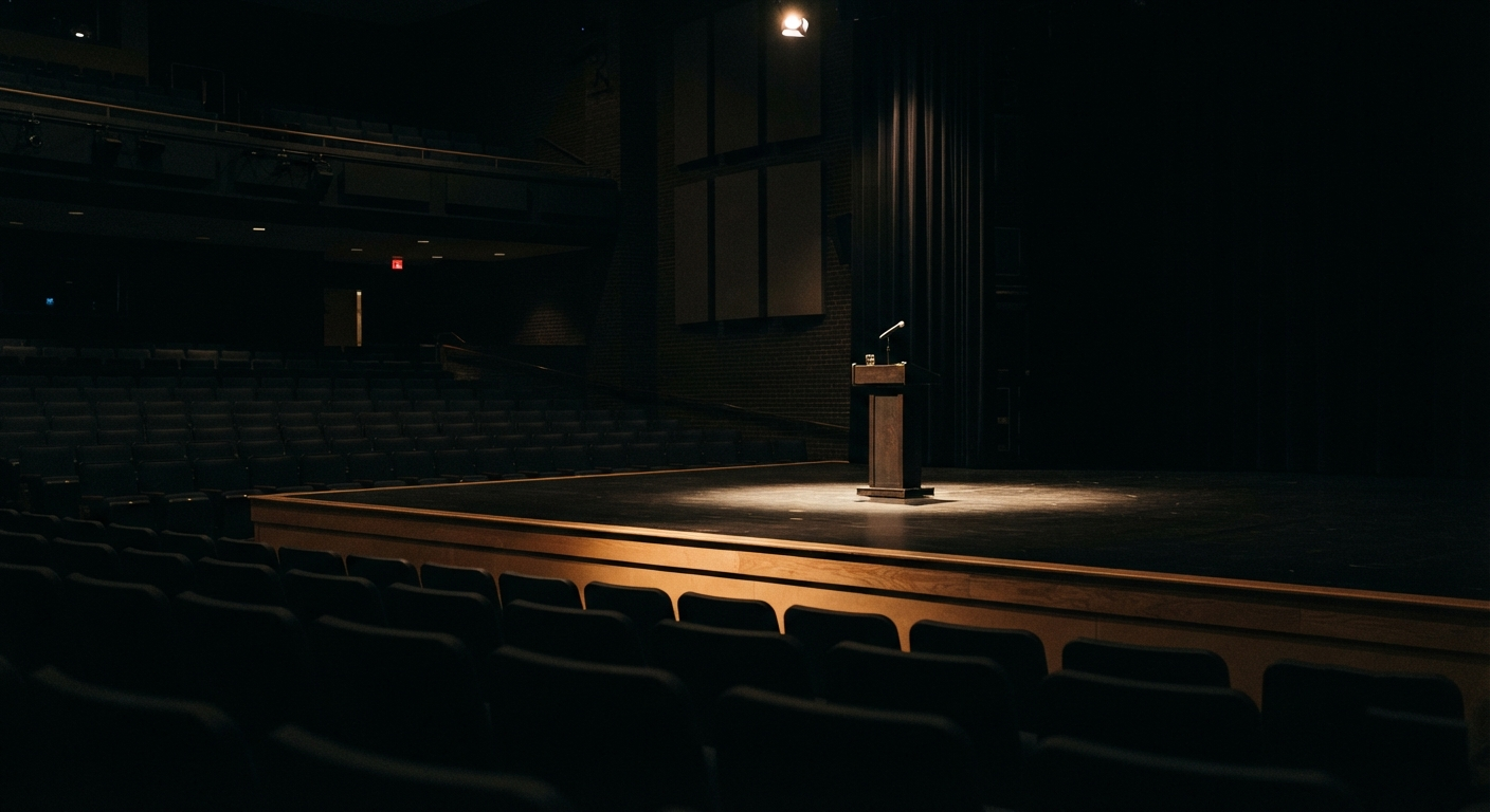 Empty theater stage seen from the audience, a single spotlight on a wooden podium with a microphone, rows of dark seats in the foreground.
