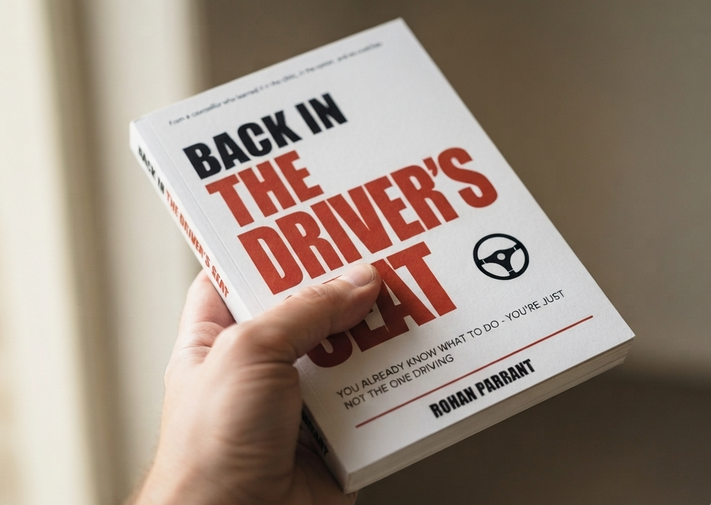 A hand holding the printed paperback of Back in the Driver's Seat by Rohan Parrant, cover design with bold red and black type and a steering wheel icon.